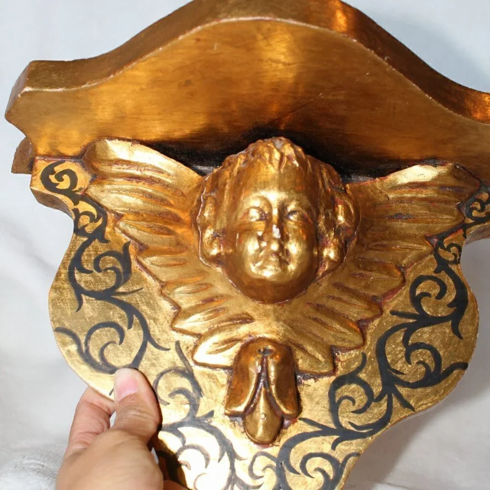 Antique vintage wood carved gilded Putti brackets Cherub Baroque golden flaws